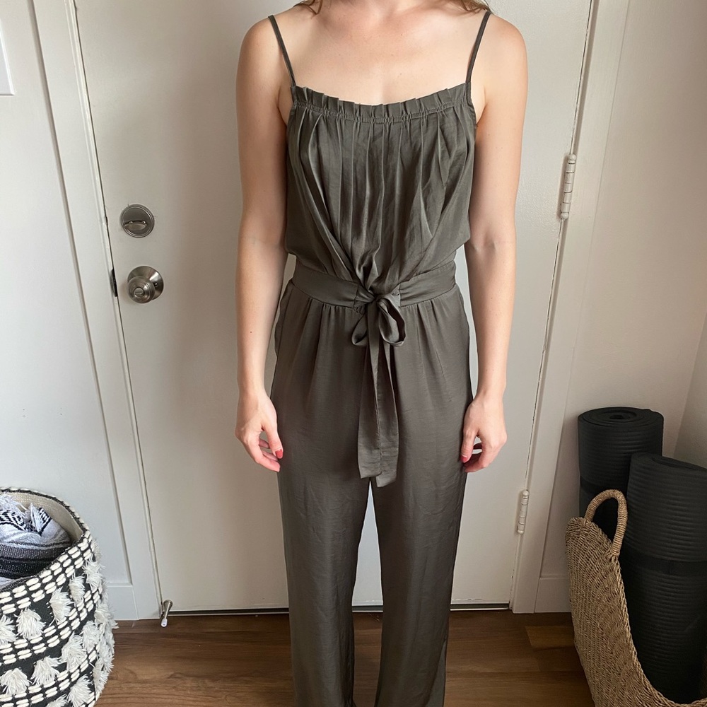 Urban Outfitters Silk Olive Green Jumpsuit by Kimchi Blue